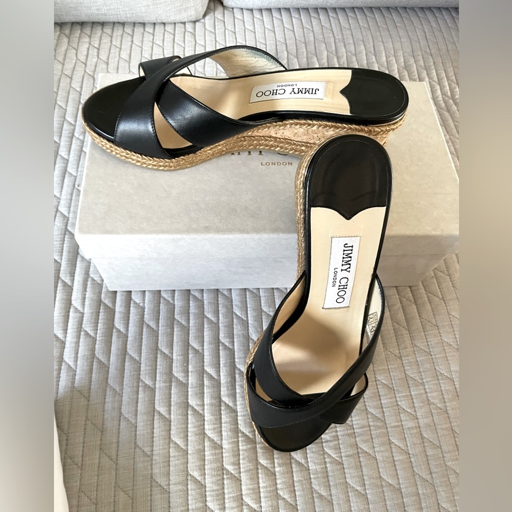 Jimmy Choo Espadrille Almer50 Black Leather wedges